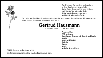 Anzeige von Gertrud Hausmann von Kölner Stadt-Anzeiger / Kölnische Rundschau / Express