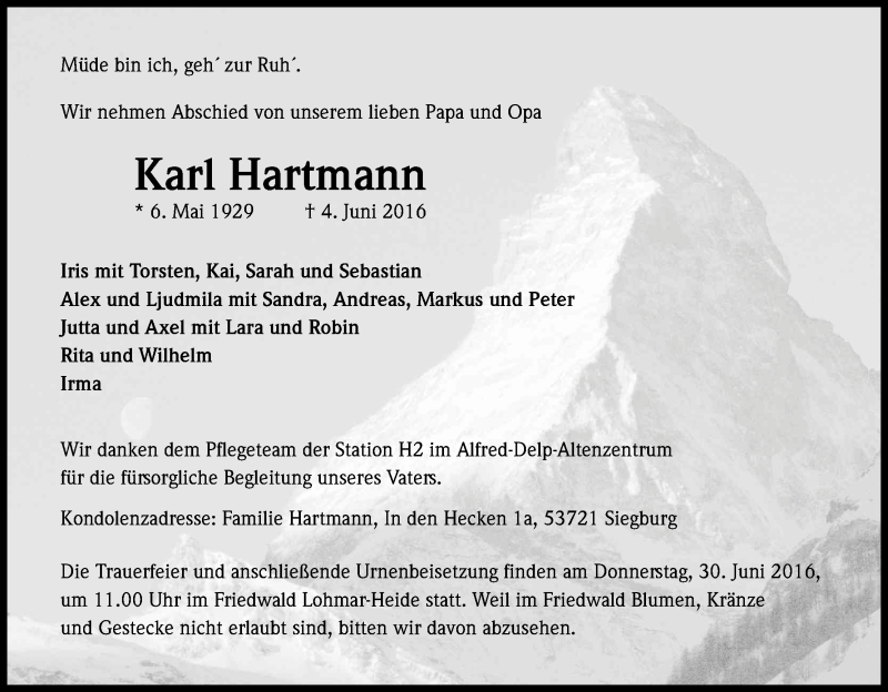  Traueranzeige für Karl Hartmann vom 25.06.2016 aus Kölner Stadt-Anzeiger / Kölnische Rundschau / Express