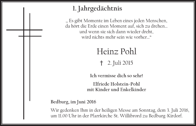  Traueranzeige für Heinz Pohl vom 29.06.2016 aus  Werbepost 