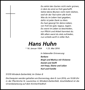 Anzeige von Hans Huhn von Kölner Stadt-Anzeiger / Kölnische Rundschau / Express