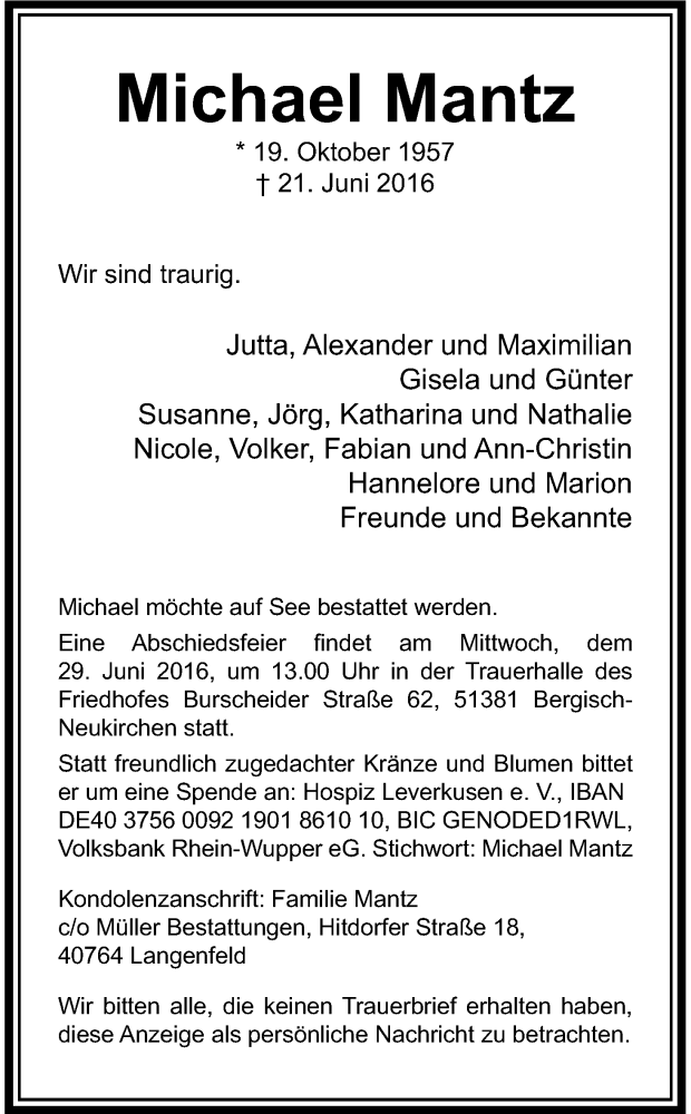 Traueranzeige für Michael Mantz vom 25.06.2016 aus Kölner Stadt-Anzeiger / Kölnische Rundschau / Express