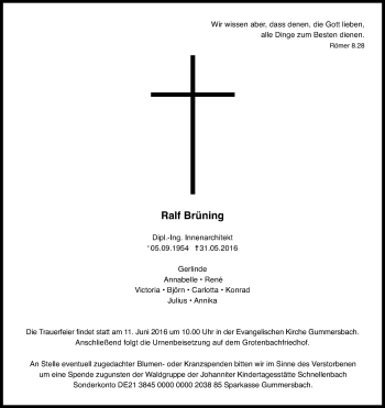 Anzeige von Ralf Brüning von Kölner Stadt-Anzeiger / Kölnische Rundschau / Express