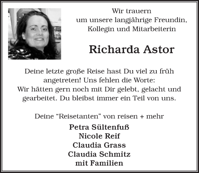  Traueranzeige für Richarda Astor vom 25.06.2016 aus  Rhein-Sieg-Wochenende 