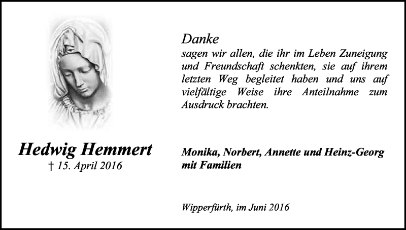 Traueranzeige für Hedwig Hemmert vom 15.06.2016 aus Kölner Stadt-Anzeiger / Kölnische Rundschau / Express