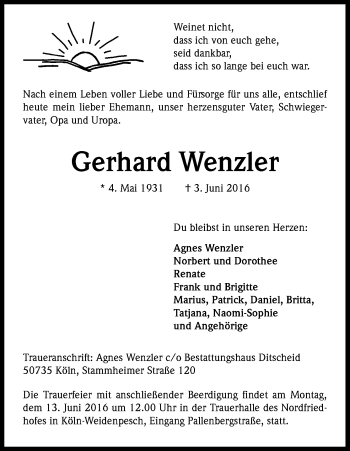 Anzeige von Gerhard Wenzler von Kölner Stadt-Anzeiger / Kölnische Rundschau / Express