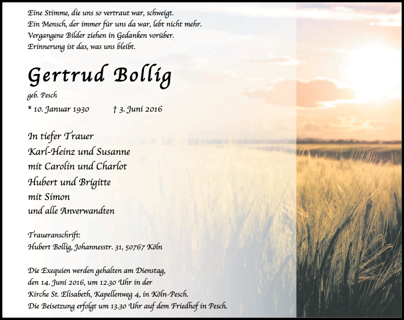  Traueranzeige für Gertrud Bollig vom 11.06.2016 aus Kölner Stadt-Anzeiger / Kölnische Rundschau / Express