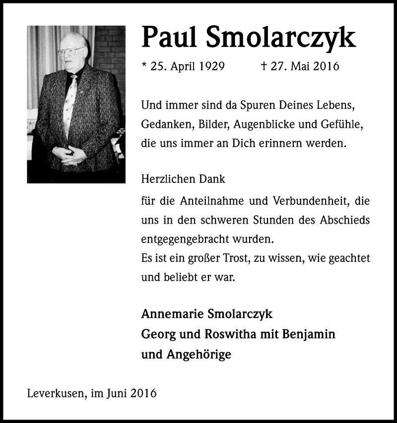  Traueranzeige für Paul Smolarczyk vom 25.06.2016 aus Kölner Stadt-Anzeiger / Kölnische Rundschau / Express