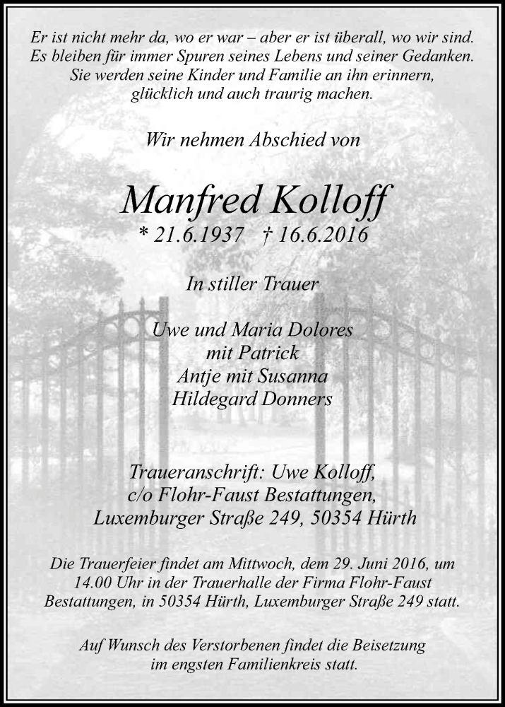  Traueranzeige für Manfred Kolloff vom 25.06.2016 aus Kölner Stadt-Anzeiger / Kölnische Rundschau / Express