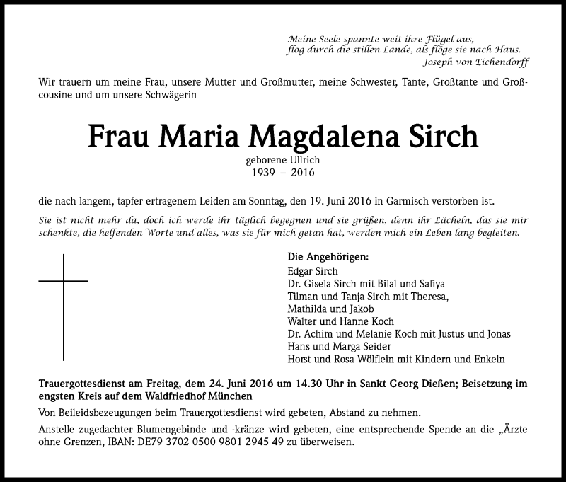  Traueranzeige für Maria Magdalena Sirch vom 22.06.2016 aus Kölner Stadt-Anzeiger / Kölnische Rundschau / Express