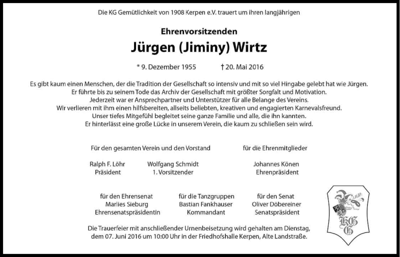  Traueranzeige für Jürgen Wirtz vom 04.06.2016 aus Kölner Stadt-Anzeiger / Kölnische Rundschau / Express