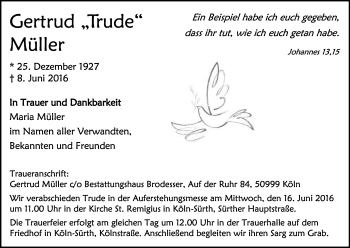 Anzeige von Gertrud Müller von Kölner Stadt-Anzeiger / Kölnische Rundschau / Express
