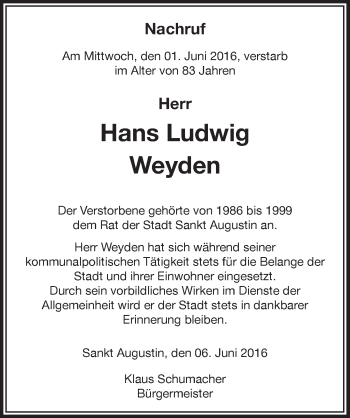 Anzeige von Hans Ludwig Weyden von  Extra Blatt 
