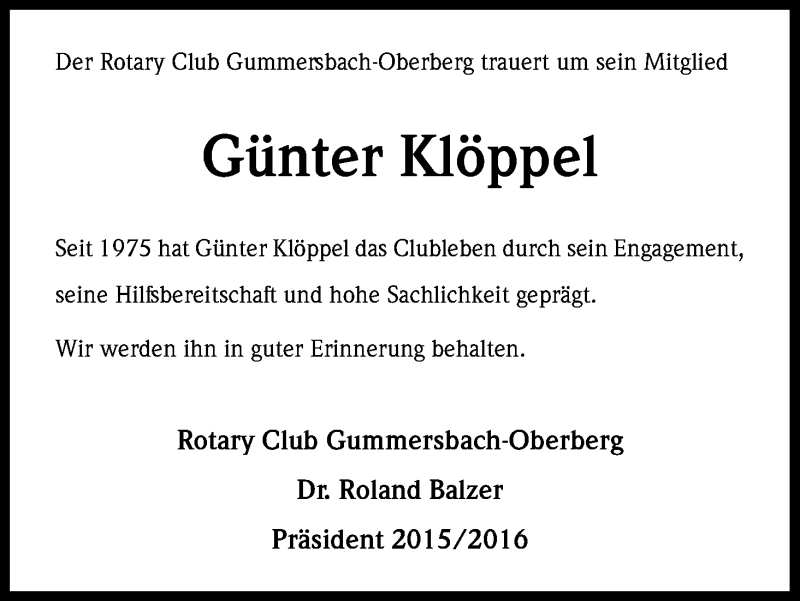  Traueranzeige für Günter Klöppel vom 17.06.2016 aus Kölner Stadt-Anzeiger / Kölnische Rundschau / Express