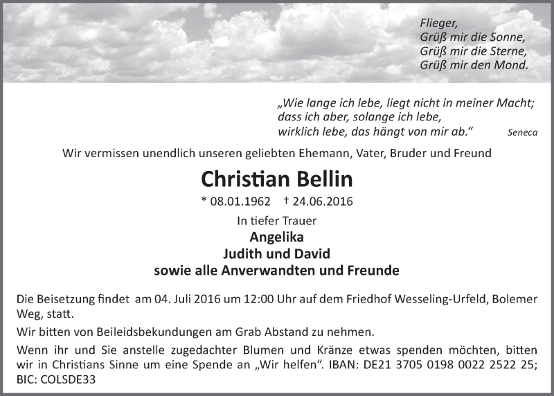  Traueranzeige für Christian Bellin vom 29.06.2016 aus  Schlossbote/Werbekurier 