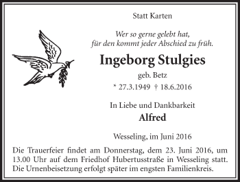 Anzeige von Ingeborg Stulgies von  Schlossbote/Werbekurier 