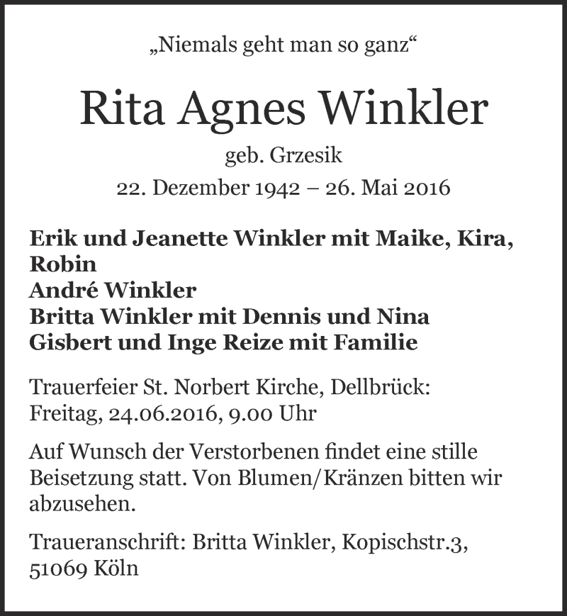  Traueranzeige für Rita Agnes Winkler vom 15.06.2016 aus  Kölner Wochenspiegel 
