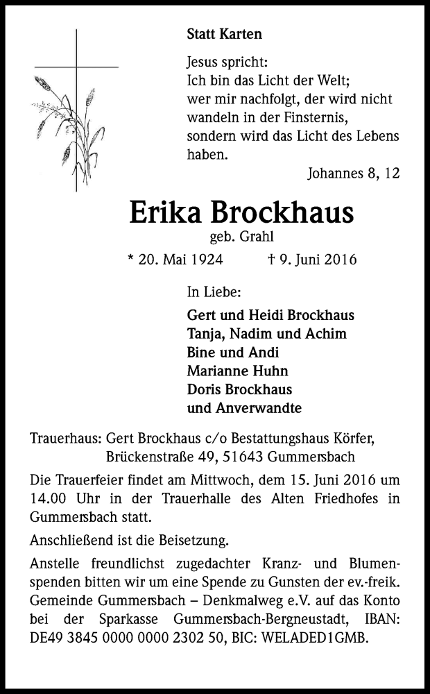  Traueranzeige für Erika Brockhaus vom 11.06.2016 aus Kölner Stadt-Anzeiger / Kölnische Rundschau / Express