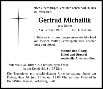 Anzeige von Gertrud Michallik von Kölner Stadt-Anzeiger / Kölnische Rundschau / Express