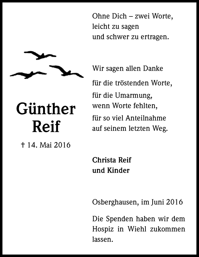  Traueranzeige für Günther Reif vom 04.06.2016 aus Kölner Stadt-Anzeiger / Kölnische Rundschau / Express
