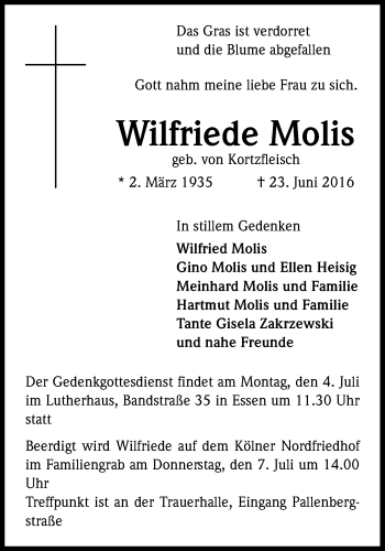 Anzeige von Wilfriede Molis von Kölner Stadt-Anzeiger / Kölnische Rundschau / Express