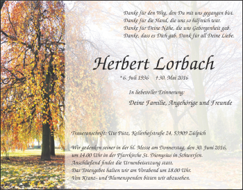 Anzeige von Herbert Lorbach von  Blickpunkt Euskirchen 