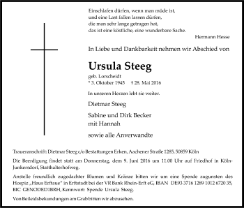 Anzeige von Ursula Steeg von Kölner Stadt-Anzeiger / Kölnische Rundschau / Express