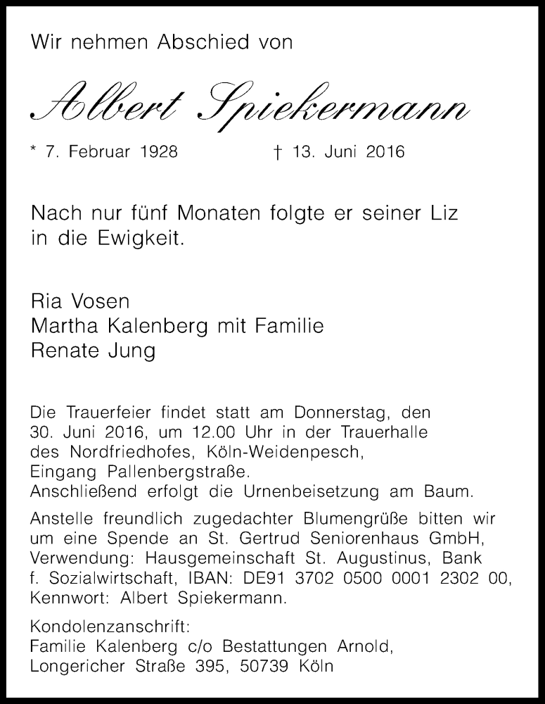  Traueranzeige für Albert Spiekermann vom 25.06.2016 aus Kölner Stadt-Anzeiger / Kölnische Rundschau / Express