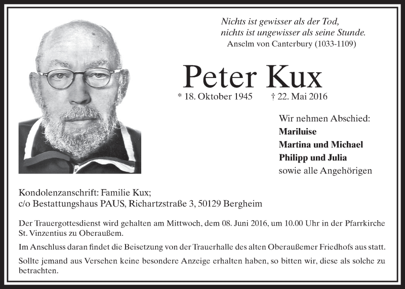  Traueranzeige für Peter Kux vom 04.06.2016 aus  Sonntags-Post 