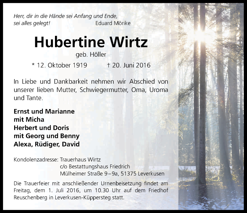  Traueranzeige für Hubertine Wirtz vom 25.06.2016 aus Kölner Stadt-Anzeiger / Kölnische Rundschau / Express