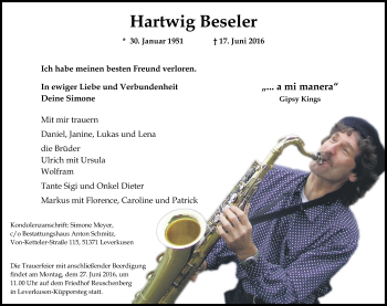 Anzeige von Hartwig Beseler von Kölner Stadt-Anzeiger / Kölnische Rundschau / Express