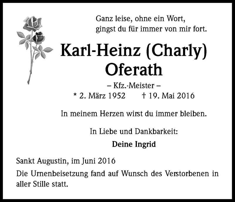  Traueranzeige für Karl-Heinz Oferath vom 18.06.2016 aus Kölner Stadt-Anzeiger / Kölnische Rundschau / Express