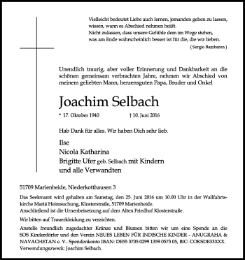 Anzeige von Joachim Selbach von Kölner Stadt-Anzeiger / Kölnische Rundschau / Express