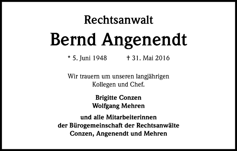  Traueranzeige für Bernd Angenendt vom 08.06.2016 aus Kölner Stadt-Anzeiger / Kölnische Rundschau / Express