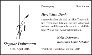 Anzeige von Siegmar Dohrmann von  Lokalanzeiger 