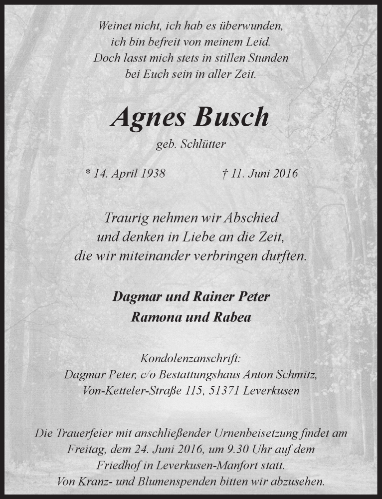  Traueranzeige für Agnes Busch vom 22.06.2016 aus  Lokale Informationen 