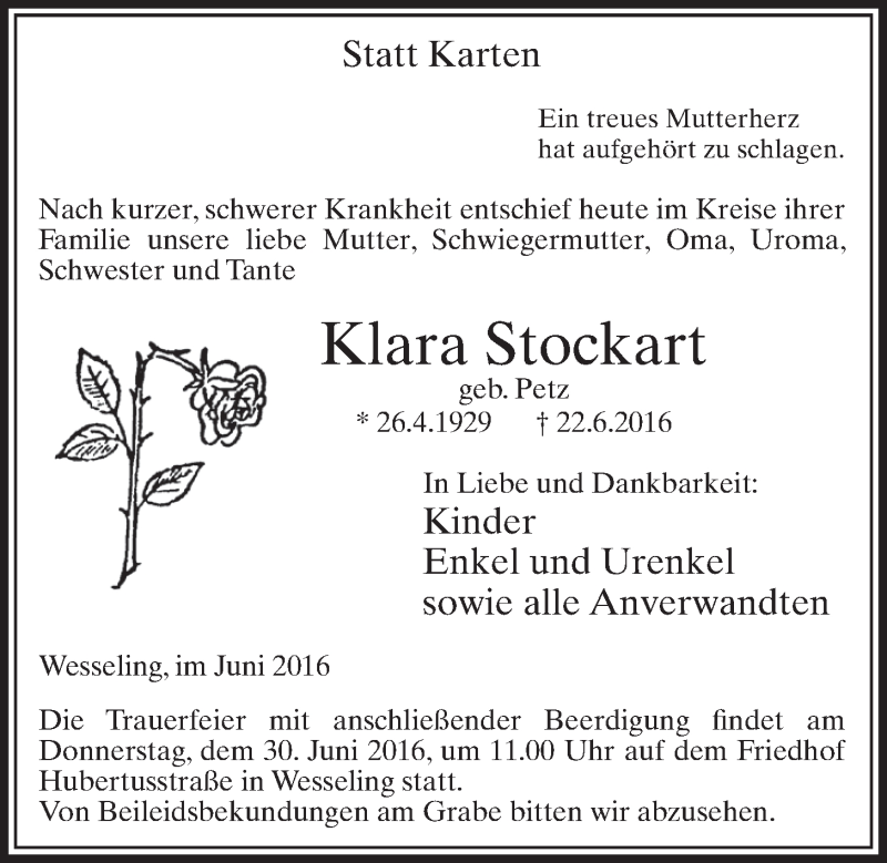  Traueranzeige für Klara Stockart vom 29.06.2016 aus  Schlossbote/Werbekurier 