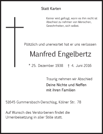 Anzeige von Manfred Engelbertz von  Anzeigen Echo 