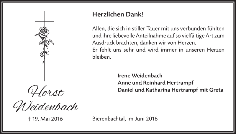  Traueranzeige für Horst Weidenbach vom 29.06.2016 aus  Lokalanzeiger 