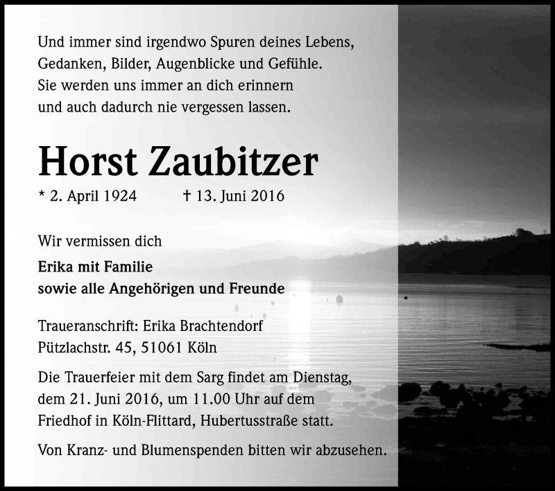  Traueranzeige für Horst Zaubitzer vom 17.06.2016 aus Kölner Stadt-Anzeiger / Kölnische Rundschau / Express