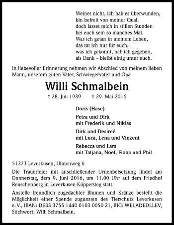 Anzeige von Willi Schmalbein von Kölner Stadt-Anzeiger / Kölnische Rundschau / Express