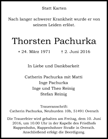 Anzeige von Thorsten Pachurka von Kölner Stadt-Anzeiger / Kölnische Rundschau / Express