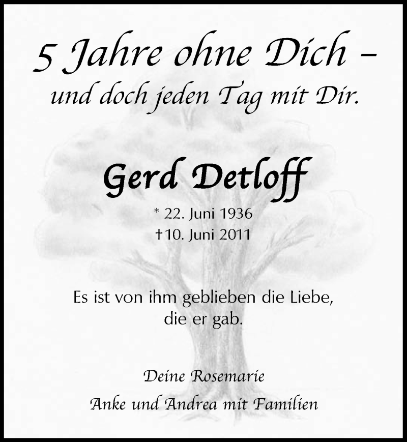  Traueranzeige für Gerd Detloff vom 08.06.2016 aus  Lokalanzeiger 
