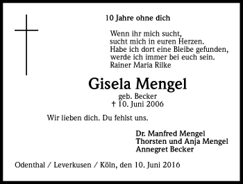Anzeige von Gisela Mengel von Kölner Stadt-Anzeiger / Kölnische Rundschau / Express