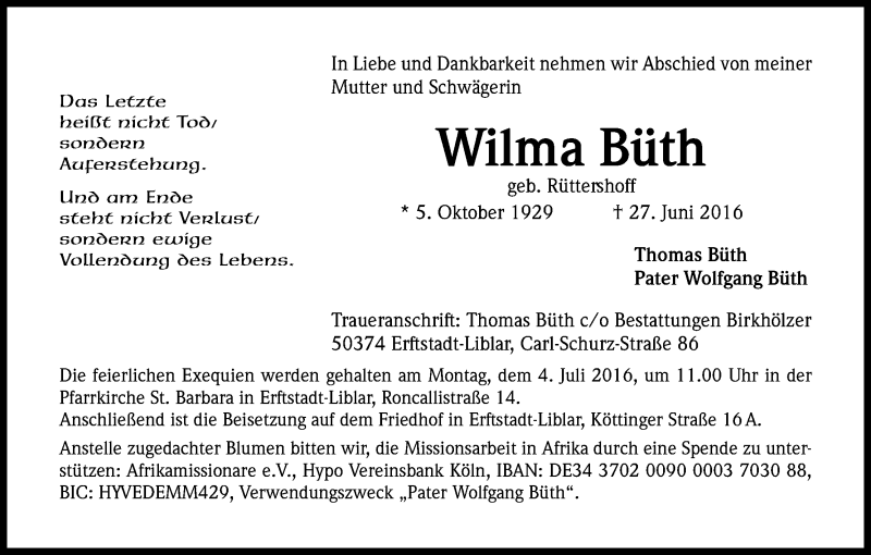  Traueranzeige für Wilma Büth vom 01.07.2016 aus Kölner Stadt-Anzeiger / Kölnische Rundschau / Express