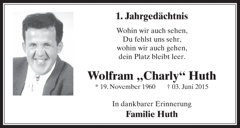  Traueranzeige für Wolfram Huth vom 15.06.2016 aus  Werbepost 