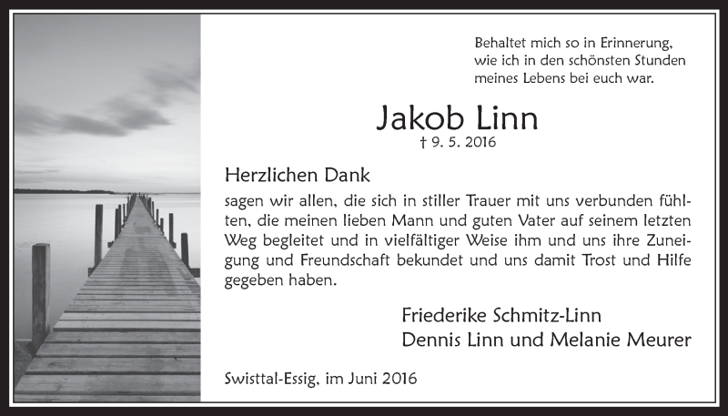  Traueranzeige für Jakob Linn vom 08.06.2016 aus  Schaufenster/Blickpunkt 
