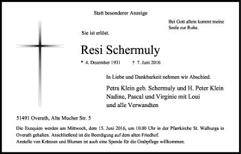 Anzeige von Theresia Schermuly von Kölner Stadt-Anzeiger / Kölnische Rundschau / Express