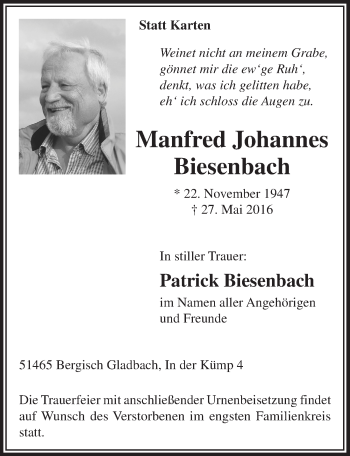 Anzeige von Manfred Johannes Biesenbach von  Bergisches Handelsblatt 