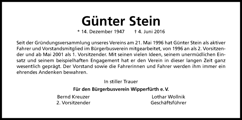  Traueranzeige für Günter Stein vom 08.06.2016 aus Kölner Stadt-Anzeiger / Kölnische Rundschau / Express