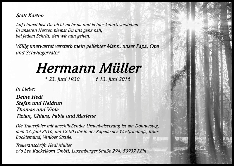  Traueranzeige für Hermann Müller vom 18.06.2016 aus Kölner Stadt-Anzeiger / Kölnische Rundschau / Express